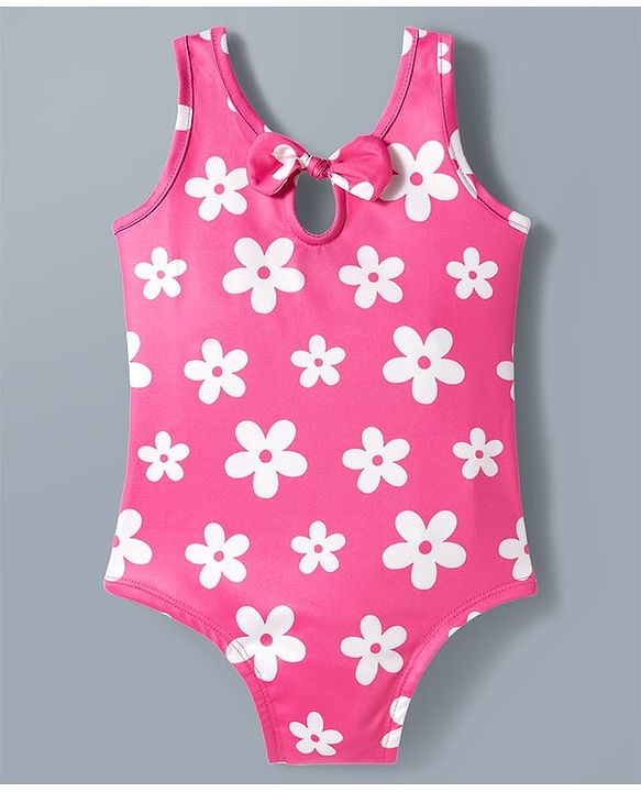 Babyhug Water Repellant V Cut Swimsuit With Floral Print - Pink