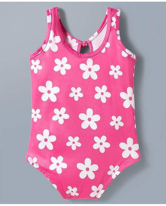 Babyhug Water Repellant V Cut Swimsuit With Floral Print - Pink