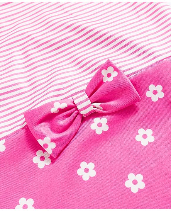 Babyhug Water Repellent V Cut Swimsuit With Floral Print & Bow Applique - Pink
