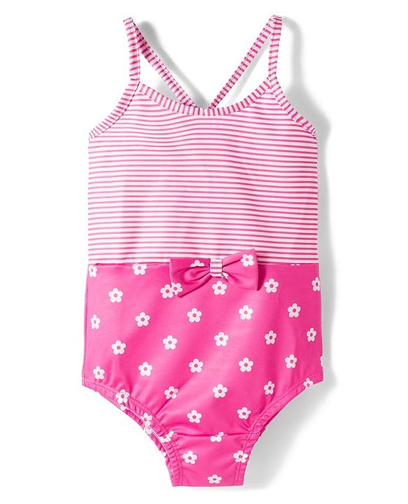 Babyhug Water Repellent V Cut Swimsuit With Floral Print & Bow Applique - Pink