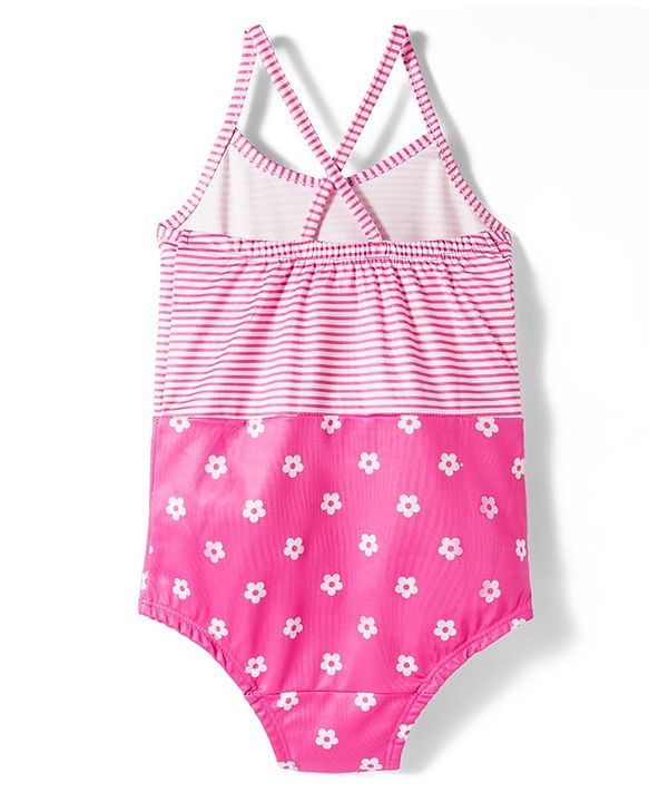 Babyhug Water Repellent V Cut Swimsuit With Floral Print & Bow Applique - Pink