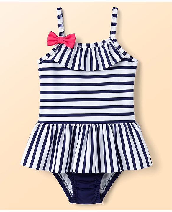 Babyhug Water Repellent Sleeveless Striped V Cut Swimsuit With Bow Applique - Navy Blue