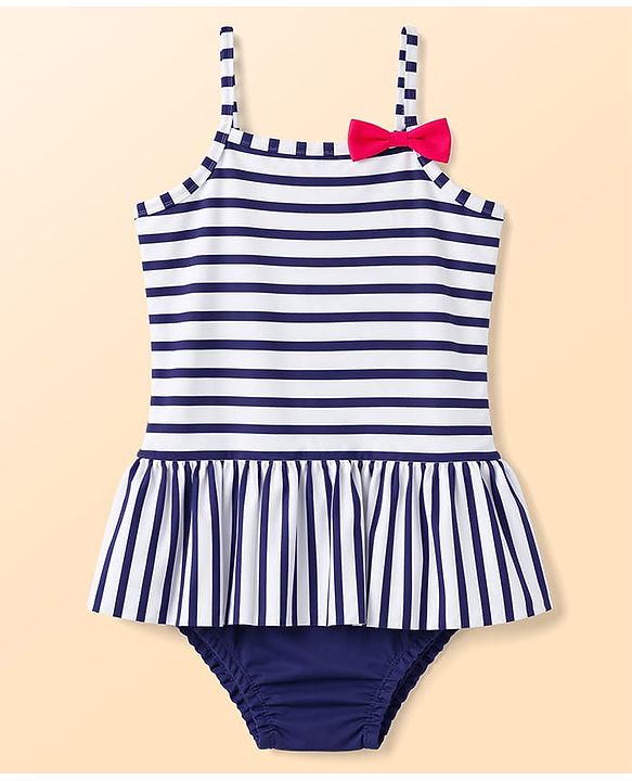 Babyhug Water Repellent Sleeveless Striped V Cut Swimsuit With Bow Applique - Navy Blue
