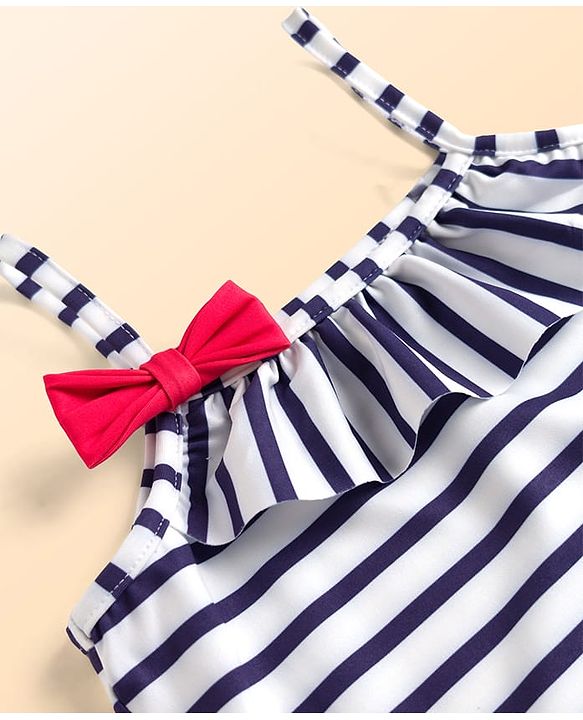 Babyhug Water Repellent Sleeveless Striped V Cut Swimsuit With Bow Applique - Navy Blue