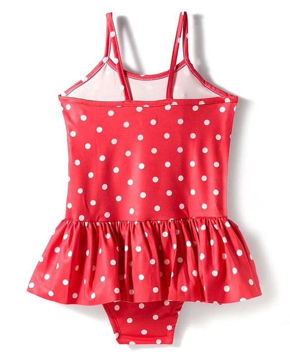 Babyhug Sleeveless Water Repellent V Cut Swimsuit with Polka Dot Print - Red