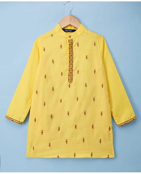Pine Kids Woven Full Sleeves Kurta Pajama with Embroidery - Yellow