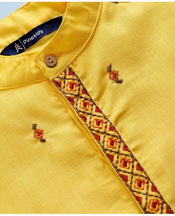 Pine Kids Woven Full Sleeves Kurta Pajama with Embroidery - Yellow