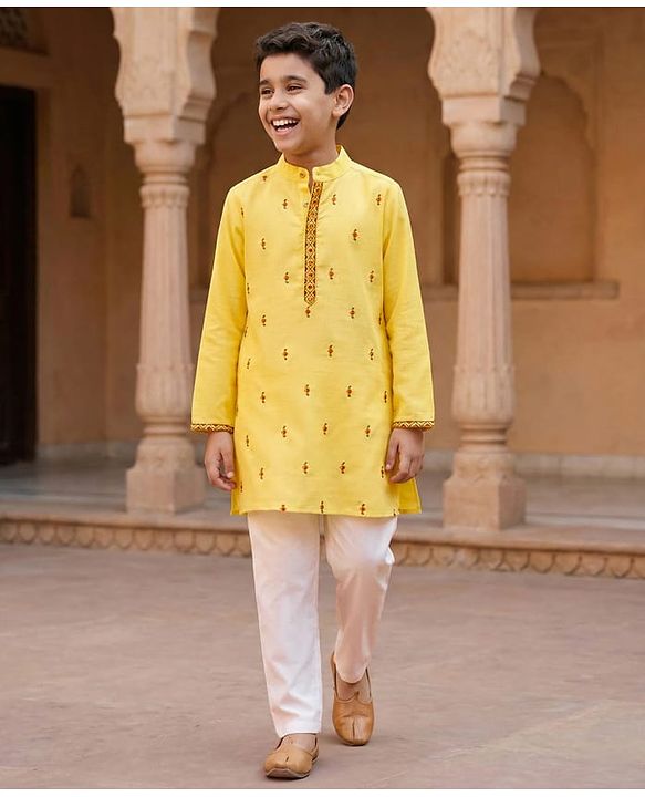 Pine Kids Woven Full Sleeves Kurta Pajama with Embroidery - Yellow