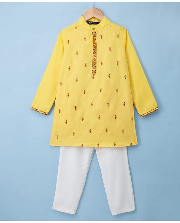 Pine Kids Woven Full Sleeves Kurta Pajama with Embroidery - Yellow