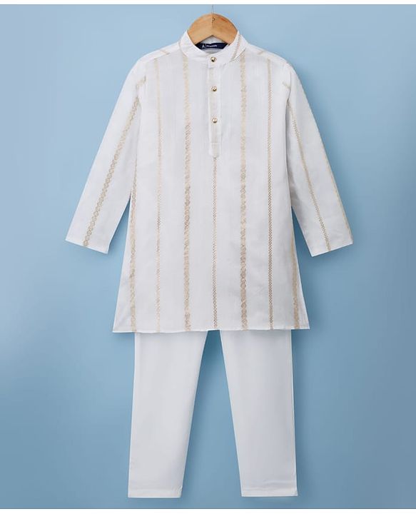 Pine Kids Woven Full Sleeves Kurta Pajama Set with Embroidery - White
