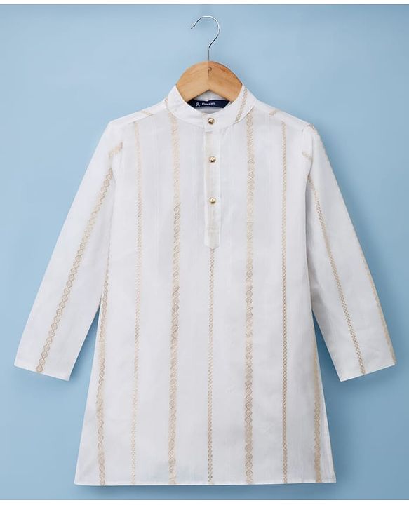 Pine Kids Woven Full Sleeves Kurta Pajama Set with Embroidery - White