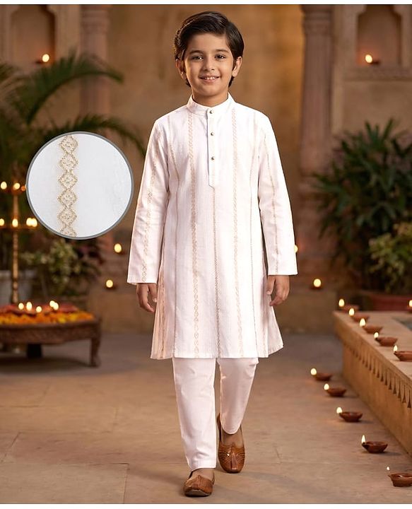Pine Kids Woven Full Sleeves Kurta Pajama Set with Embroidery - White