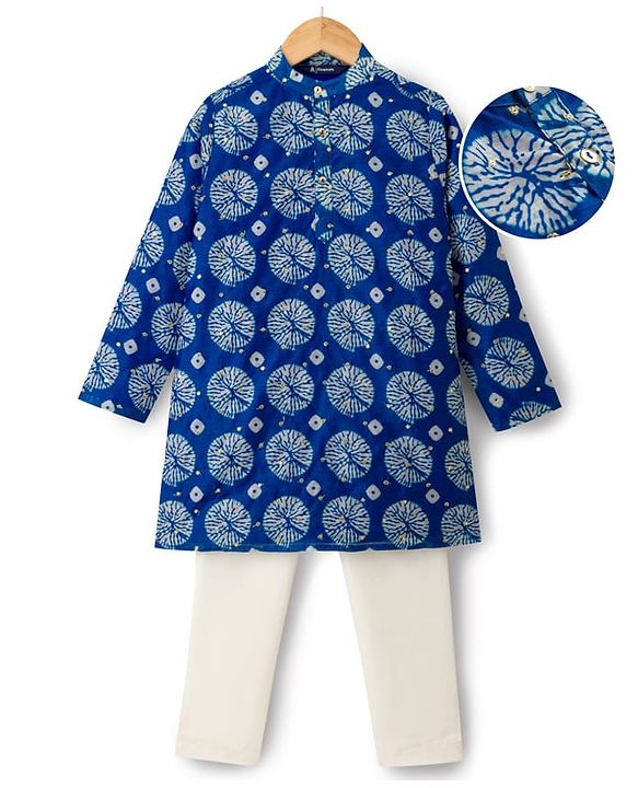 Pine Kids Woven Full Sleeves Printed Kurta Pajama Set - Blue