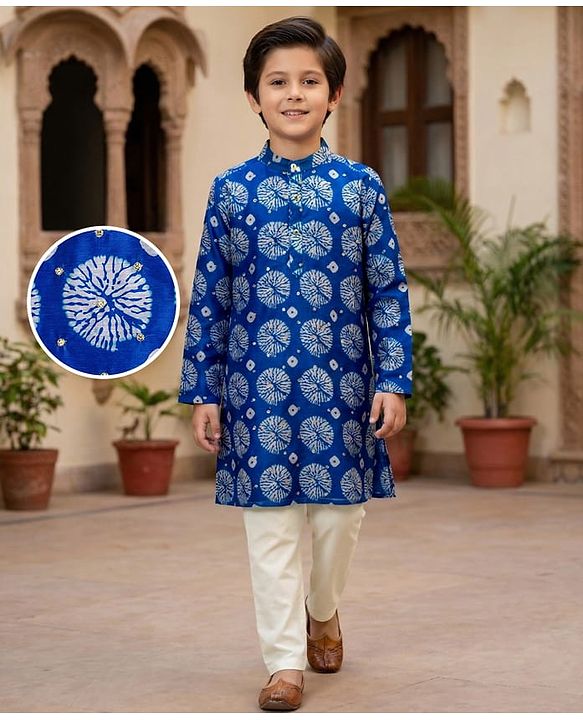 Pine Kids Woven Full Sleeves Printed Kurta Pajama Set - Blue
