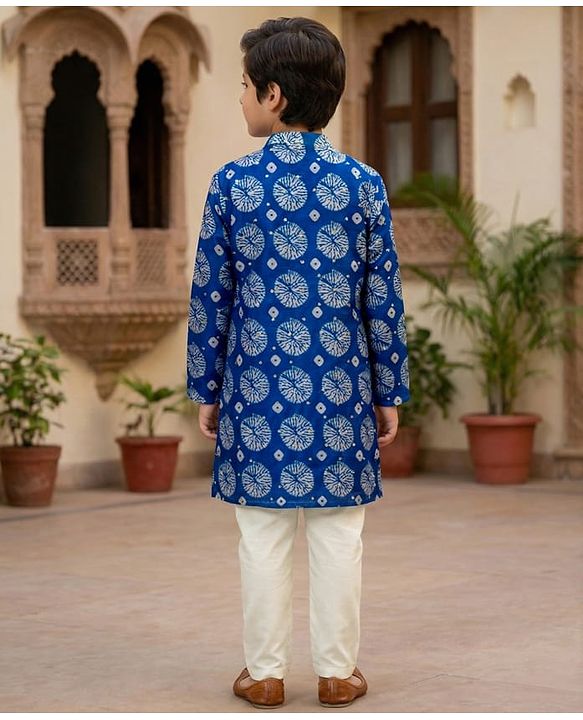 Pine Kids Woven Full Sleeves Printed Kurta Pajama Set - Blue