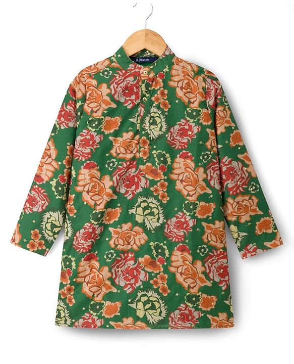 Pine Kids Woven Full Sleeves Floral Printed Kurta Pajama Set - Blue