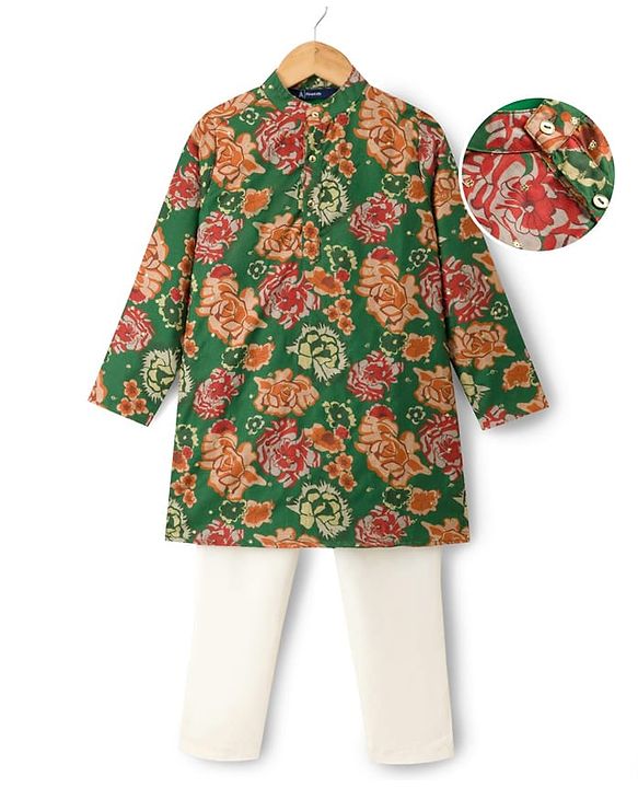 Pine Kids Woven Full Sleeves Floral Printed Kurta Pajama Set - Blue
