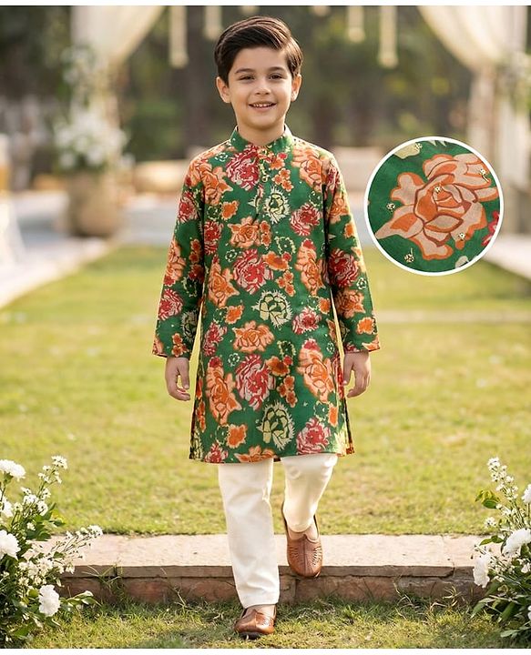 Pine Kids Woven Full Sleeves Floral Printed Kurta Pajama Set - Blue