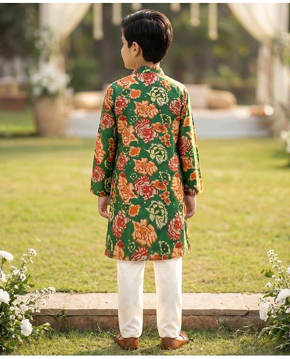 Pine Kids Woven Full Sleeves Floral Printed Kurta Pajama Set - Blue