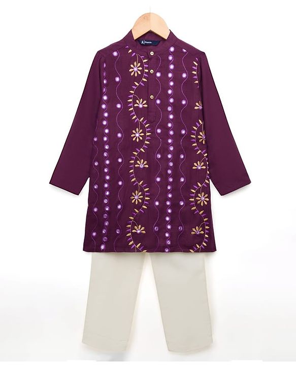 Pine Kids Woven Full Sleeves Kurta Pajama Set with Floral Embroidery - Voilet