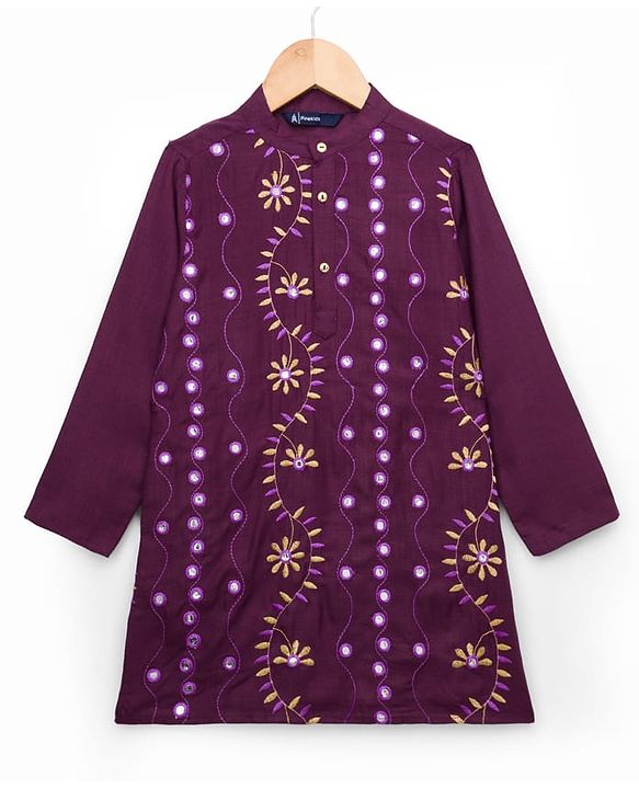 Pine Kids Woven Full Sleeves Kurta Pajama Set with Floral Embroidery - Voilet