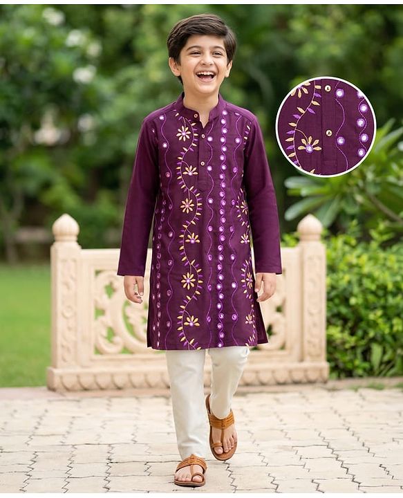 Pine Kids Woven Full Sleeves Kurta Pajama Set with Floral Embroidery - Voilet