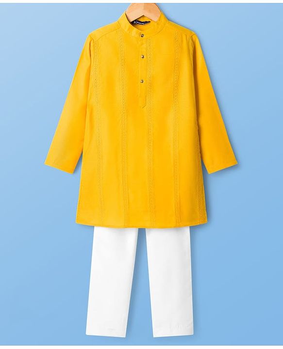 Pine Kids Woven Full Sleeves Solid Kurta Pyjama Set - Mustard