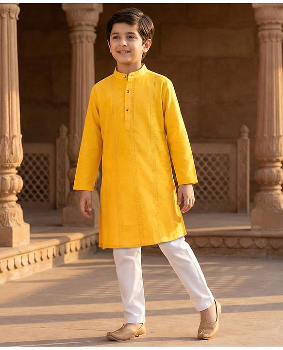 Pine Kids Woven Full Sleeves Solid Kurta Pyjama Set - Mustard