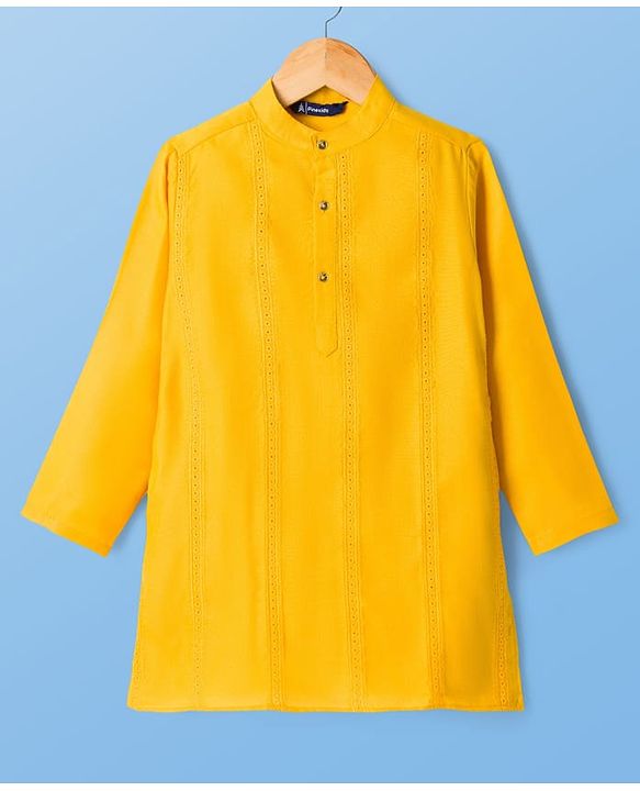 Pine Kids Woven Full Sleeves Solid Kurta Pyjama Set - Mustard