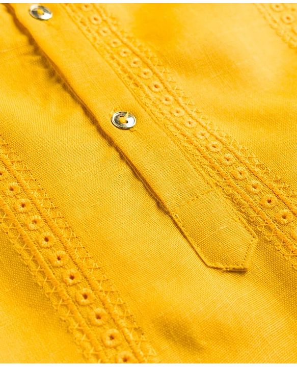 Pine Kids Woven Full Sleeves Solid Kurta Pyjama Set - Mustard