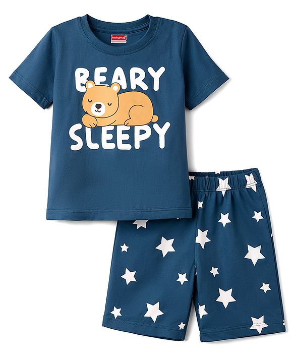 Babyhug Cotton Knit Half Sleeves T-Shirt & Shorts Night Suit with Bear & Star Print - Teal Blue
