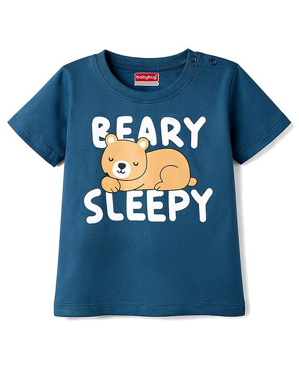 Babyhug Cotton Knit Half Sleeves T-Shirt & Shorts Night Suit with Bear & Star Print - Teal Blue