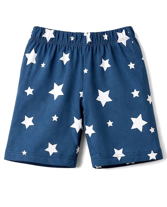 Babyhug Cotton Knit Half Sleeves T-Shirt & Shorts Night Suit with Bear & Star Print - Teal Blue