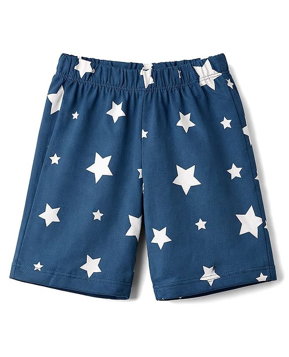 Babyhug Cotton Knit Half Sleeves T-Shirt & Shorts Night Suit with Bear & Star Print - Teal Blue