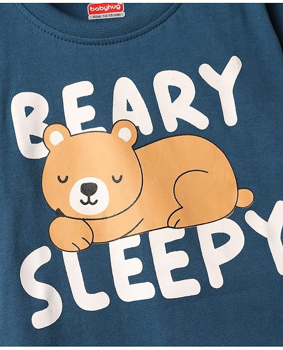 Babyhug Cotton Knit Half Sleeves T-Shirt & Shorts Night Suit with Bear & Star Print - Teal Blue