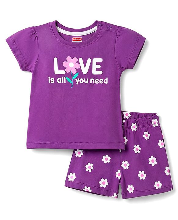 Babyhug Cotton Knit Half Sleeves Shorts & T-Shirt Night Suit Floral Print - Purple