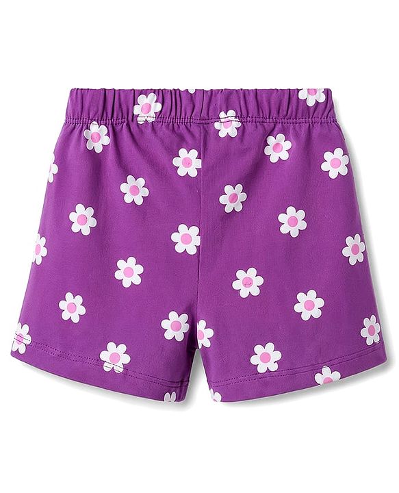 Babyhug Cotton Knit Half Sleeves Shorts & T-Shirt Night Suit Floral Print - Purple