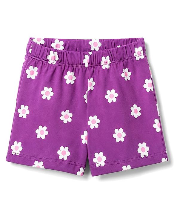 Babyhug Cotton Knit Half Sleeves Shorts & T-Shirt Night Suit Floral Print - Purple