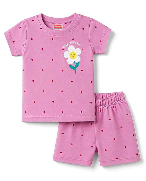 Babyhug Cotton Knit Half Sleeves T-Shirt & Shorts Night Suit with Floral Print - Pink