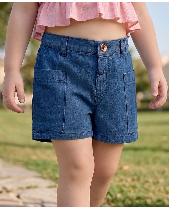 Babyhug Mid Thigh Length Solid Color Denim Shorts - Navy Blue
