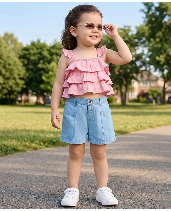 Babyhug Mid Thigh Length Solid Color Denim Shorts - Navy Blue