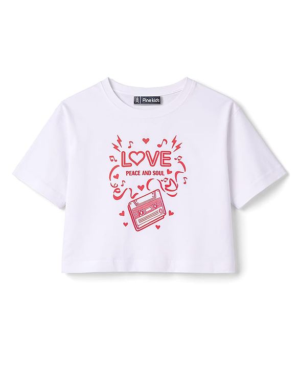 Pine Kids Cotton Knit Half Sleeves Top & Shorts Set with Text Print - White & Red