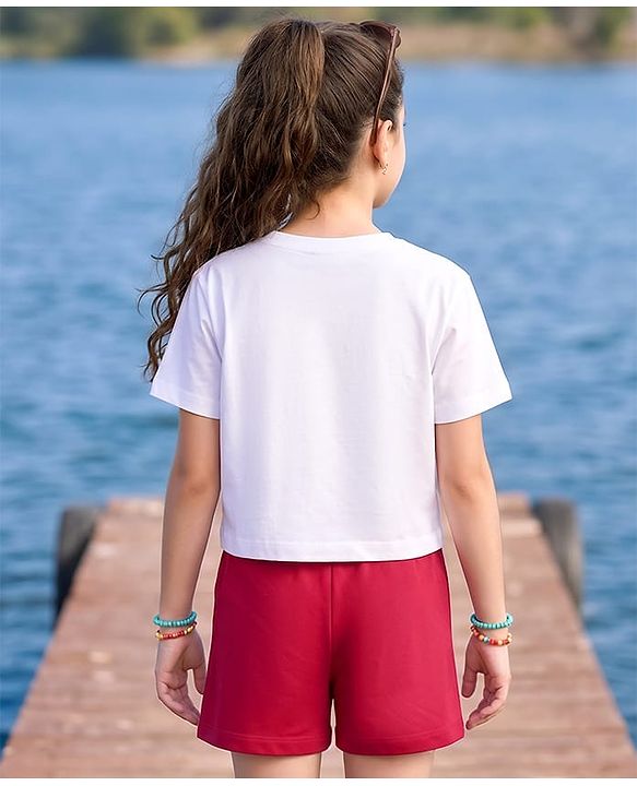 Pine Kids Cotton Knit Half Sleeves Top & Shorts Set with Text Print - White & Red