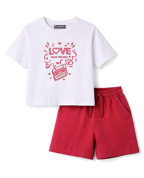 Pine Kids Cotton Knit Half Sleeves Top & Shorts Set with Text Print - White & Red