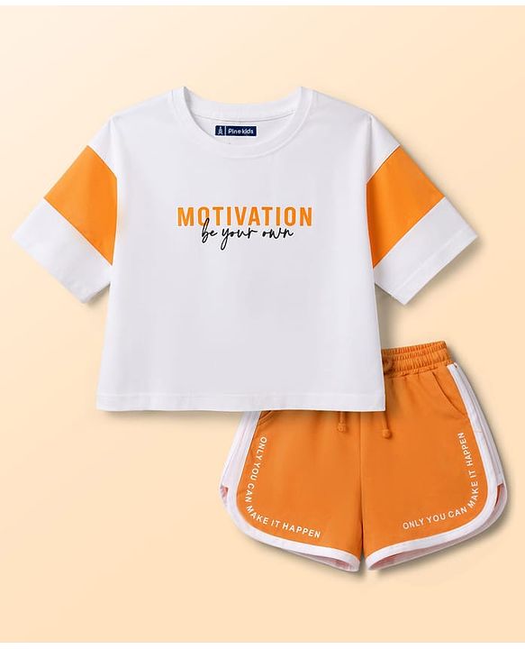 Pine Kids Cotton Knit Half Sleeves Text Printed Top & Shorts Set - White & Orange