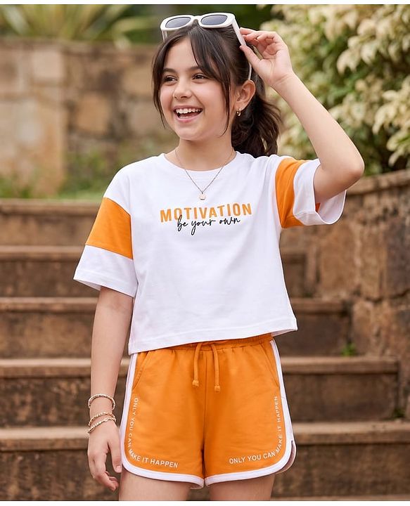 Pine Kids Cotton Knit Half Sleeves Text Printed Top & Shorts Set - White & Orange