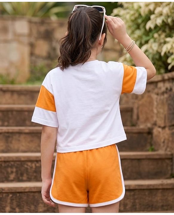 Pine Kids Cotton Knit Half Sleeves Text Printed Top & Shorts Set - White & Orange