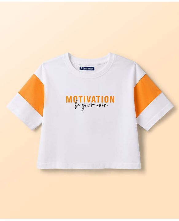 Pine Kids Cotton Knit Half Sleeves Text Printed Top & Shorts Set - White & Orange