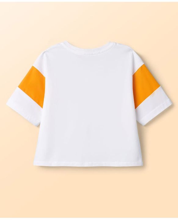 Pine Kids Cotton Knit Half Sleeves Text Printed Top & Shorts Set - White & Orange