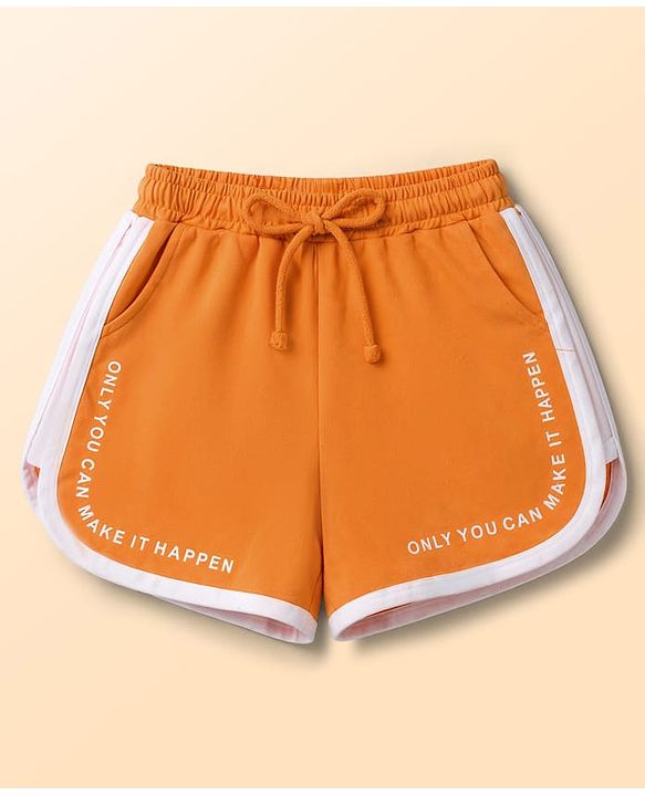 Pine Kids Cotton Knit Half Sleeves Text Printed Top & Shorts Set - White & Orange
